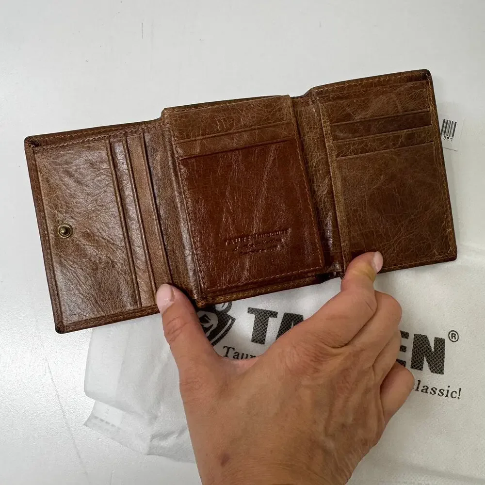 NEW Tauren Genuine Leather Trifold Wallet Brown Bifold Coin Pocket F327